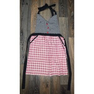 Cynthia Rowley Owl Chevron Print Cotton Halter Apron Red Black White Pockets